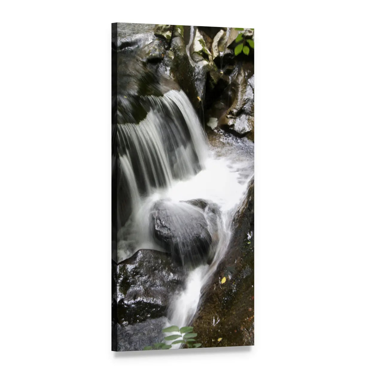 Lush Green Waterfall and Stream Vertical Canvas Wall Art, 1 panel 1 Vertical layout gallery wrapped canvas set, angled product view