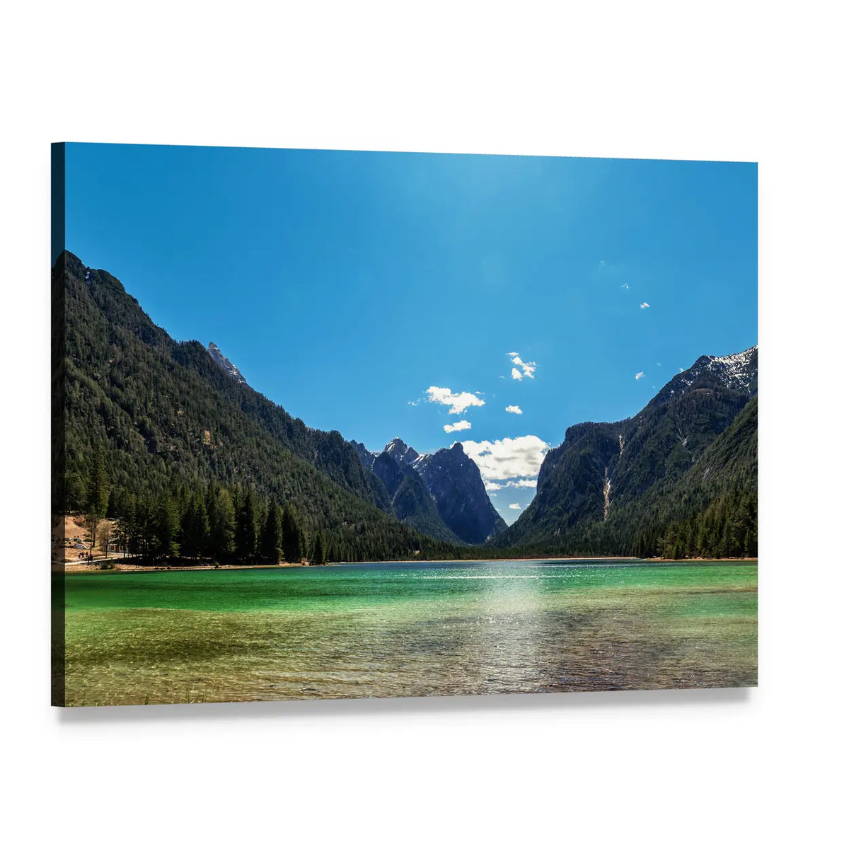 Turquoise Lake with Tree-covered Mountains Canvas Wall Art, single panel gallery wrapped canvas, angled product view