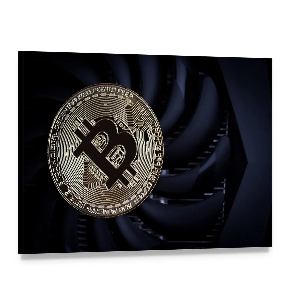 Close-up Bitcoin Coin Canvas Wall Art, single panel gallery wrapped canvas, angled product view