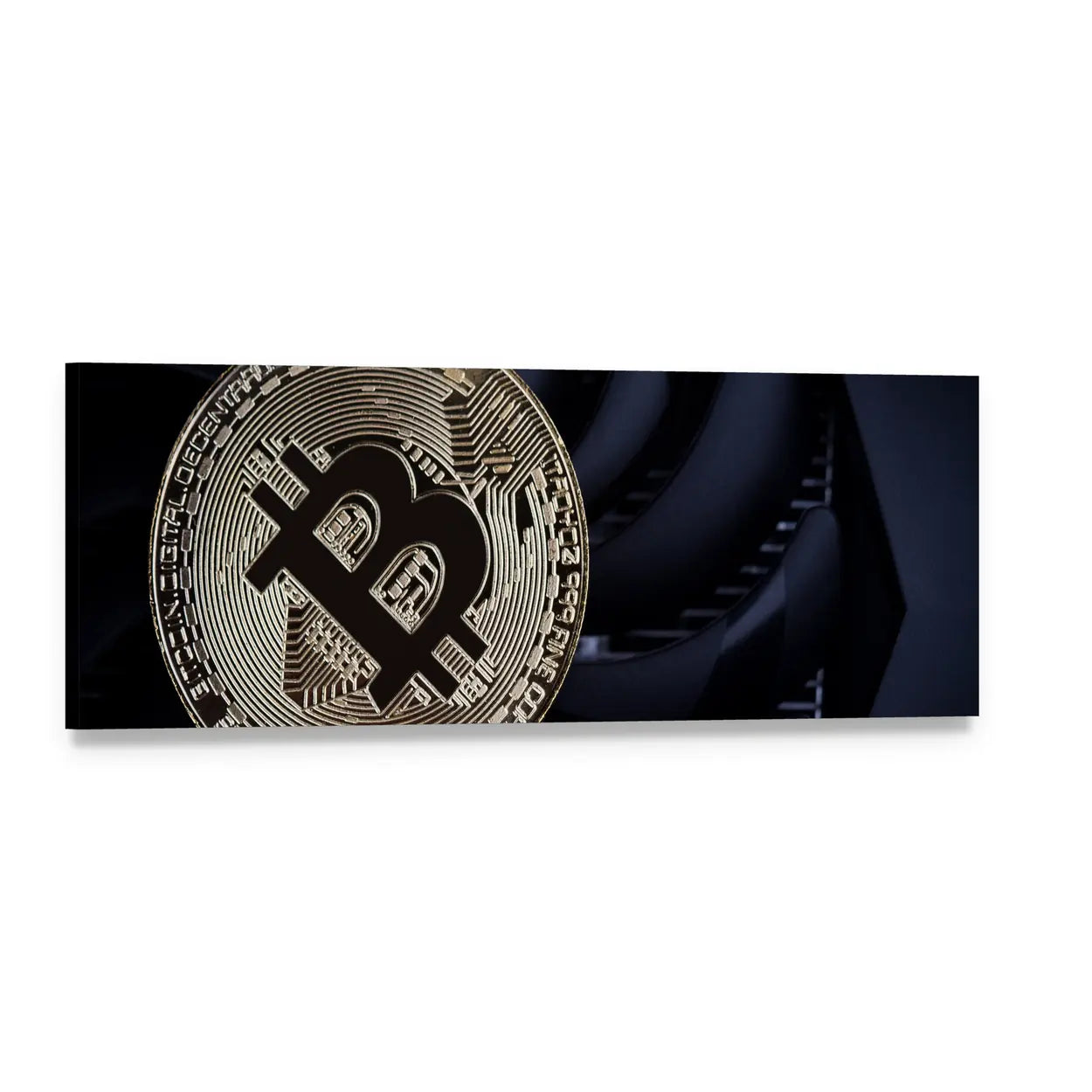Bitcoin Coin Close-up with Circuitry Panoramic Canvas Wall Art, single panel gallery wrapped canvas, angled product view