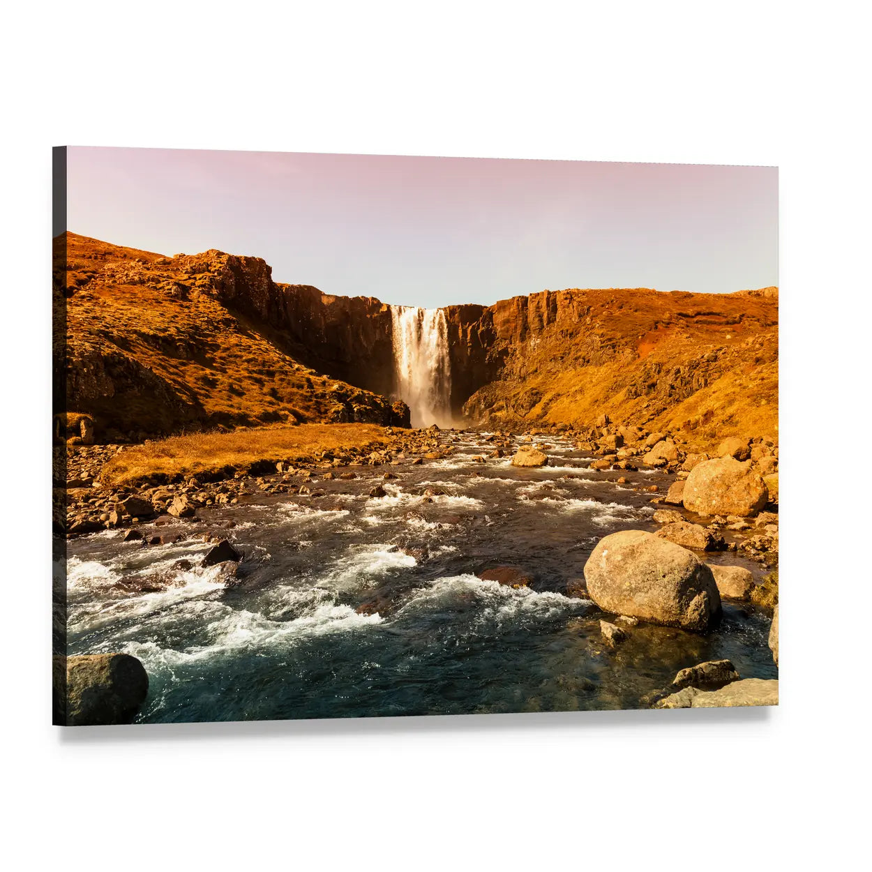 Iceland Waterfall View Canvas Wall Art, single panel gallery wrapped canvas, angled product view