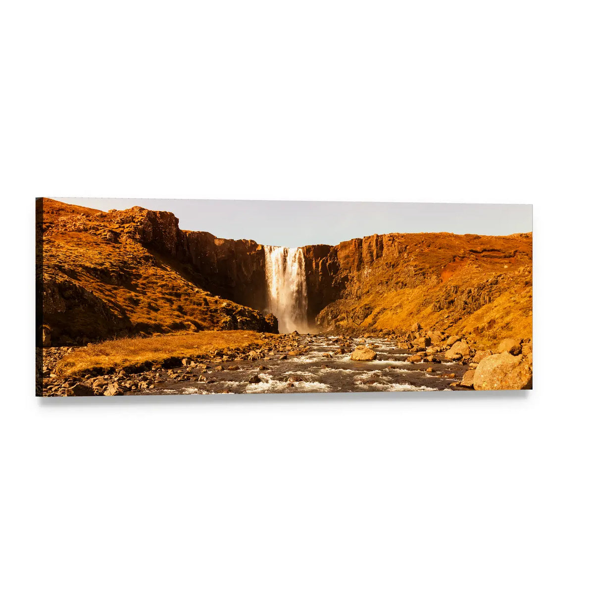 Iceland Waterfall Over Rocky River Panoramic Canvas Wall Art, single panel gallery wrapped canvas, angled product view