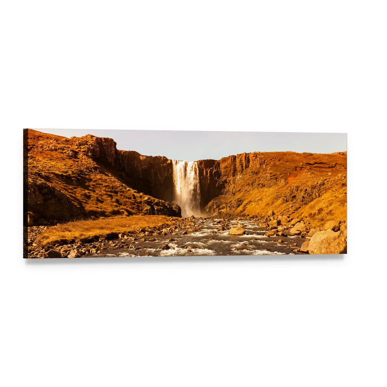 Iceland Waterfall Over Rocky River Panoramic Canvas Wall Art, single panel gallery wrapped canvas, angled product view