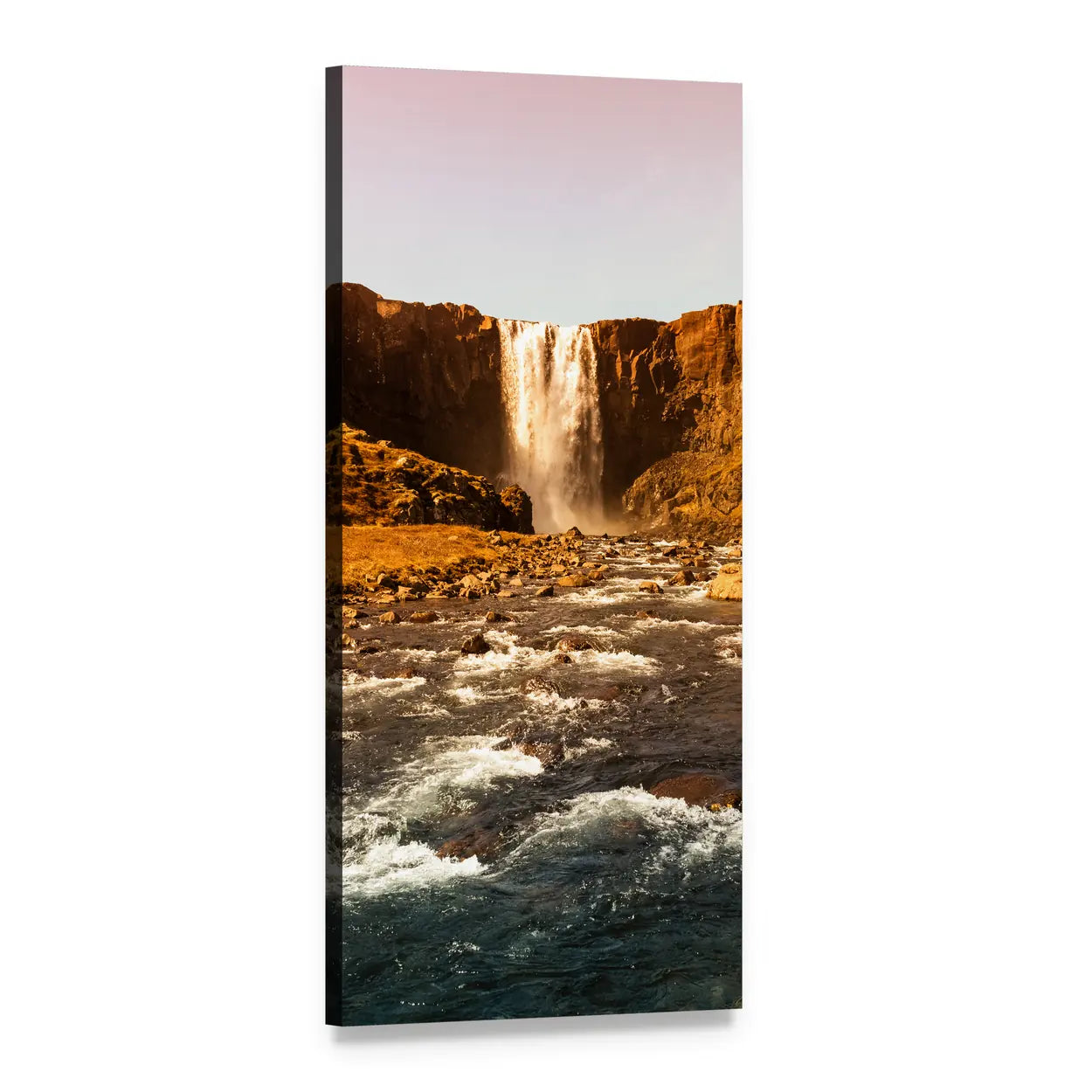 Iceland Waterfall at Sunset Vertical Canvas Wall Art, 1 panel 1 Vertical layout gallery wrapped canvas set, angled product view