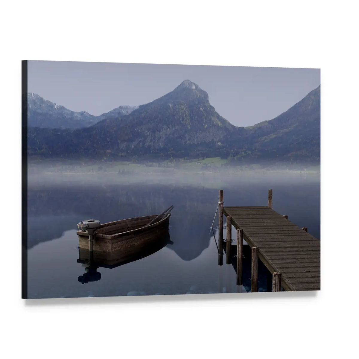 Boat on Placid Lake Canvas Wall Art, single panel gallery wrapped canvas, angled product view