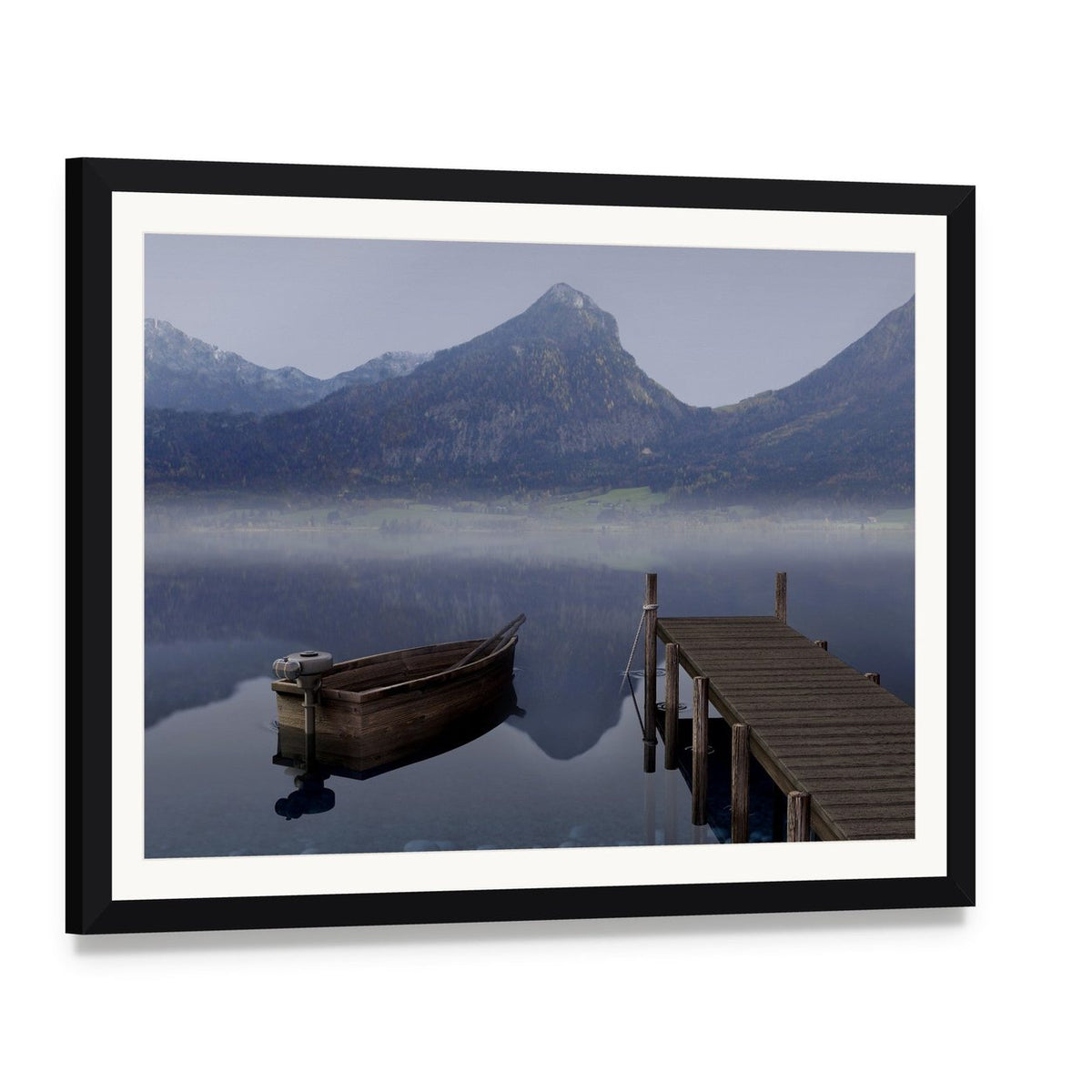Wooden Rowboat on Placid Lake Canvas Wall Art, framed print with white mat and black frame, angled product view