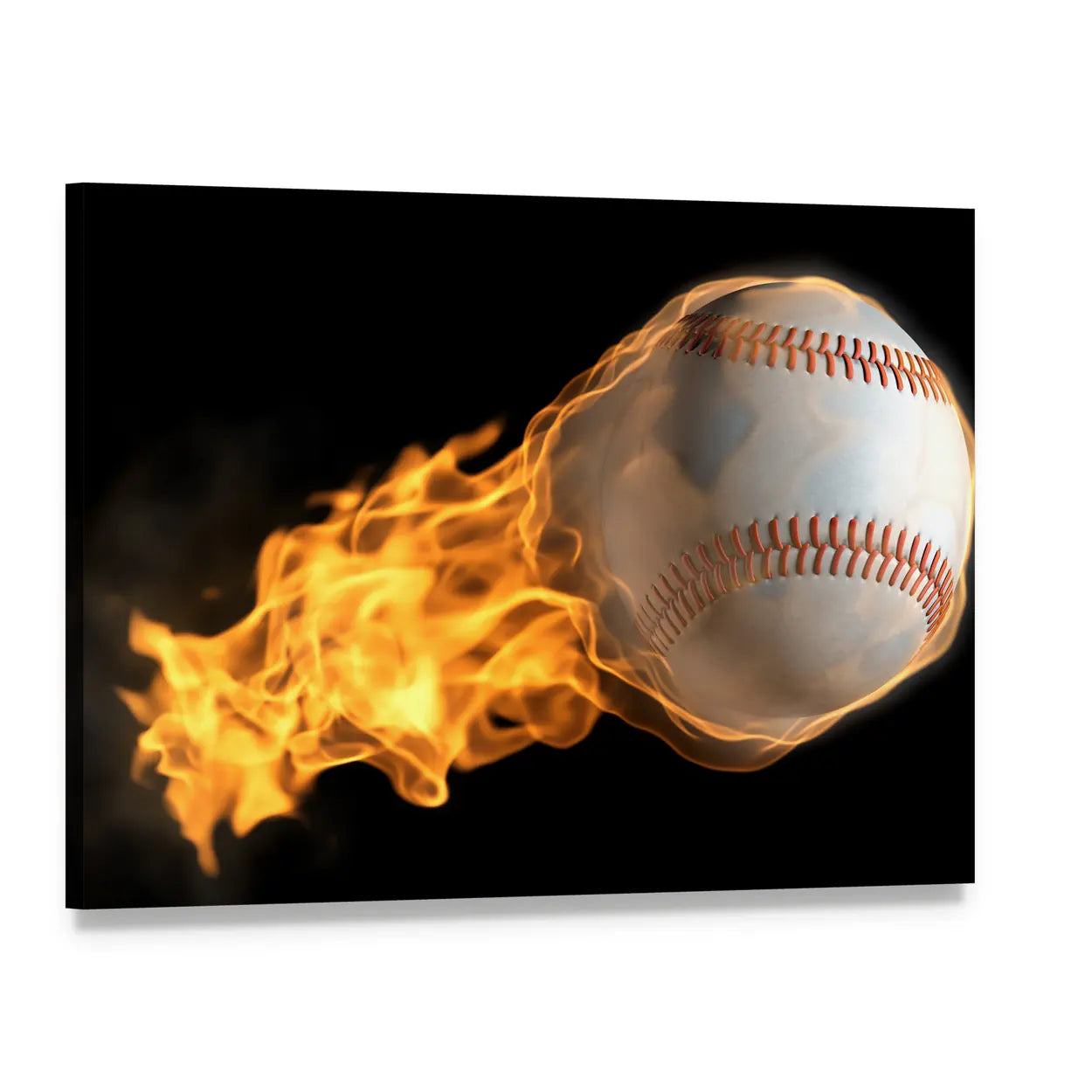 Baseball on Fire Canvas Wall Art, single panel gallery wrapped canvas, angled product view