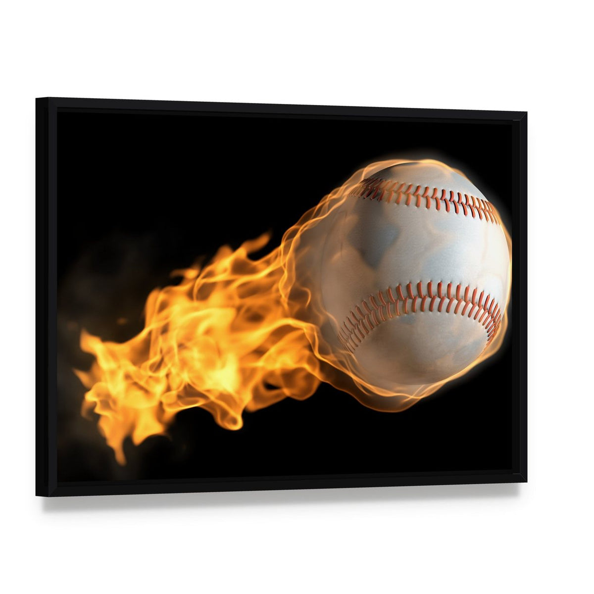 Baseball on Fire Canvas Wall Art, framed canvas in a black floater frame, angled product view