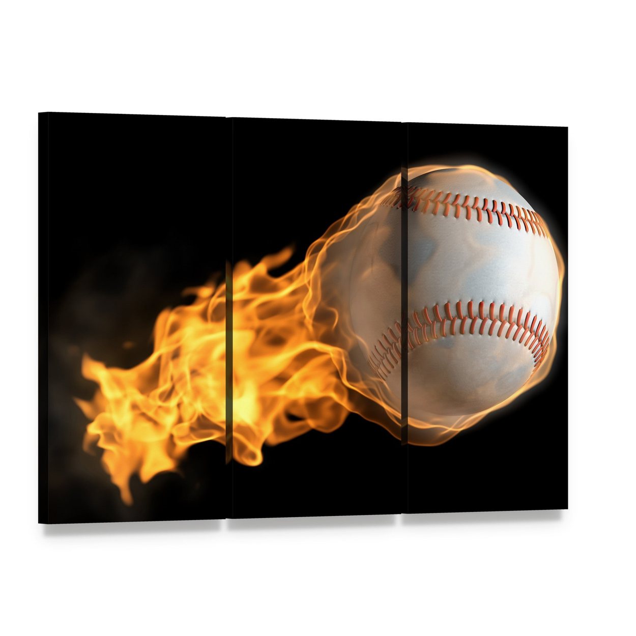 Baseball on Fire Canvas Wall Art, 3 panel 3 Horizontal layout gallery wrapped canvas set, angled product view