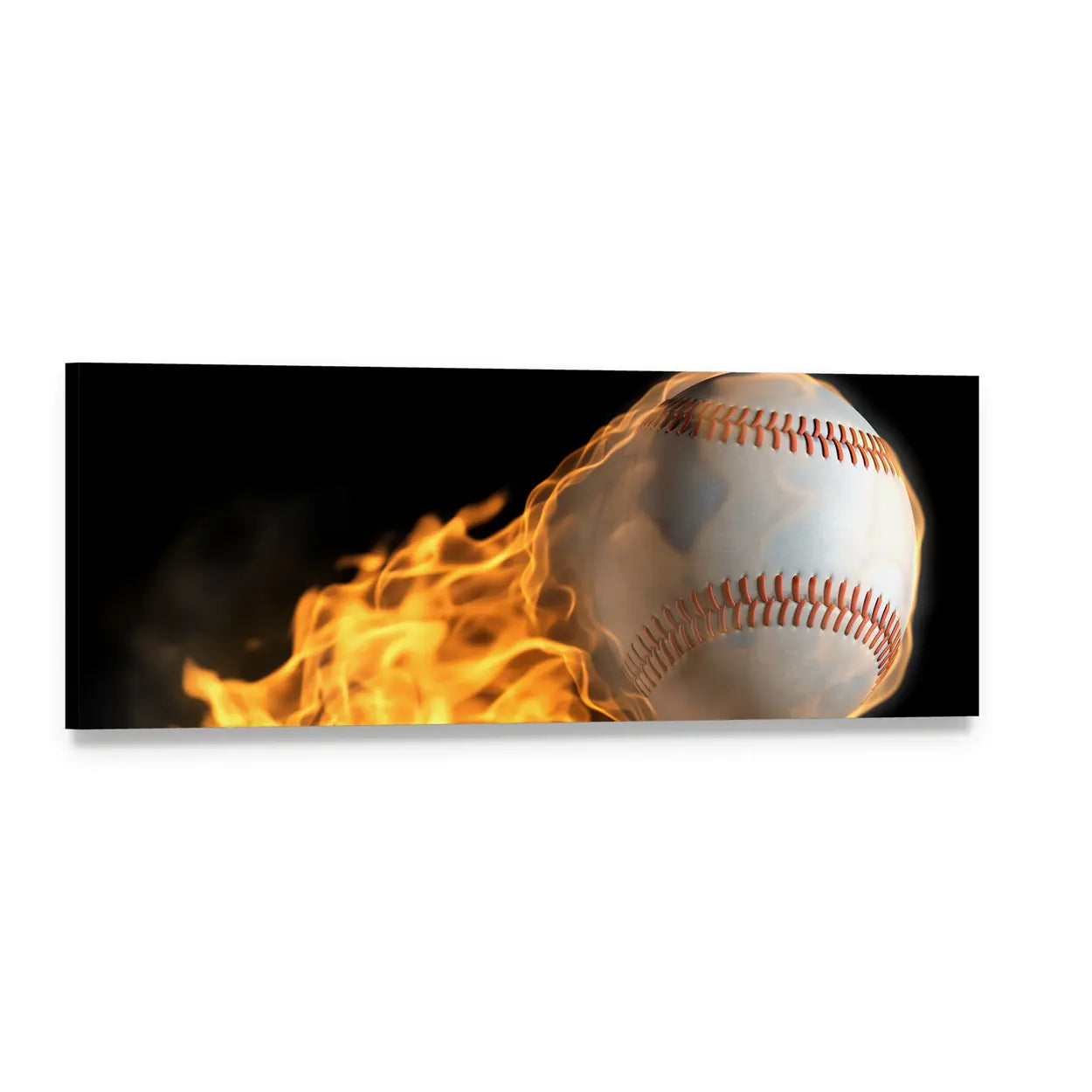 Baseball on Fire Panoramic Canvas Wall Art, single panel gallery wrapped canvas, angled product view