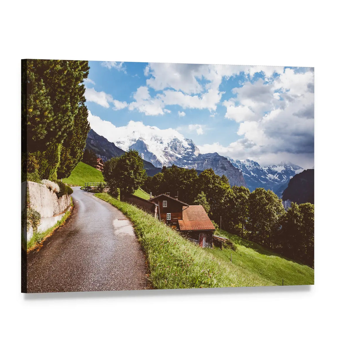 Winding Alpine Road with Chalets Canvas Wall Art, single panel gallery wrapped canvas, angled product view