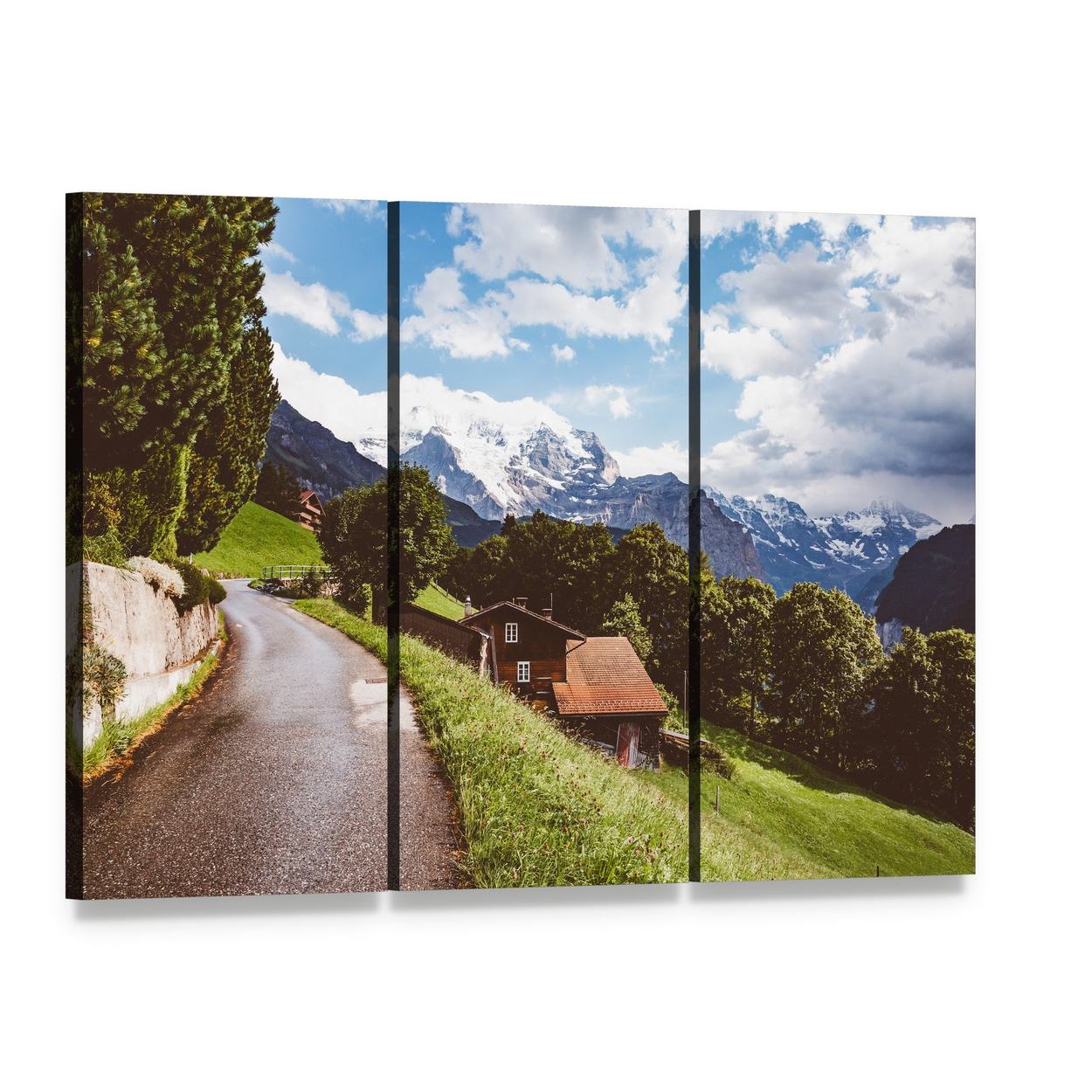 Mountain Road Through Alpine Village Canvas Wall Art, 3 panel 3 Horizontal layout gallery wrapped canvas set, angled product view