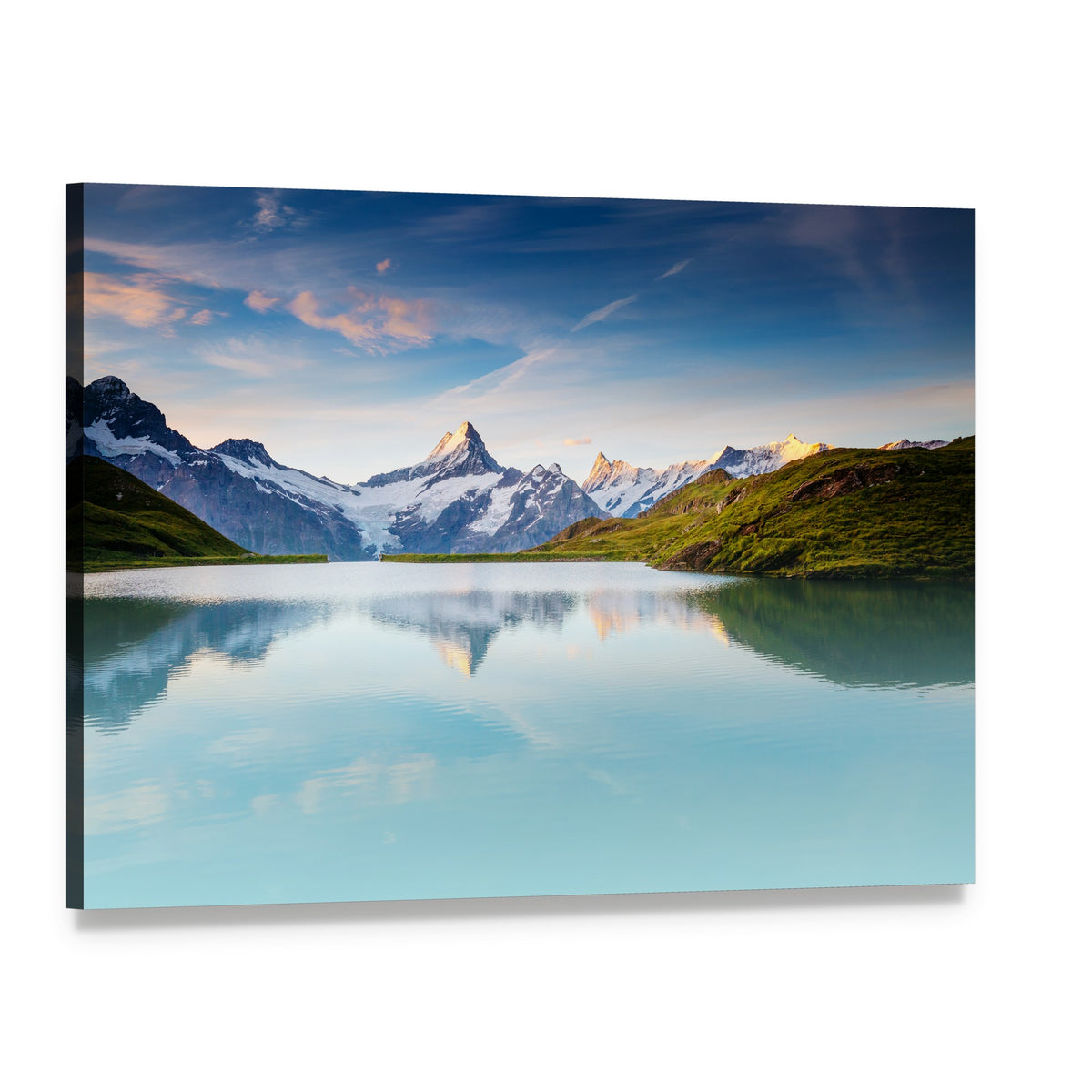 Snow-capped Massif with Lake Reflection Canvas Wall Art, single panel gallery wrapped canvas, angled product view