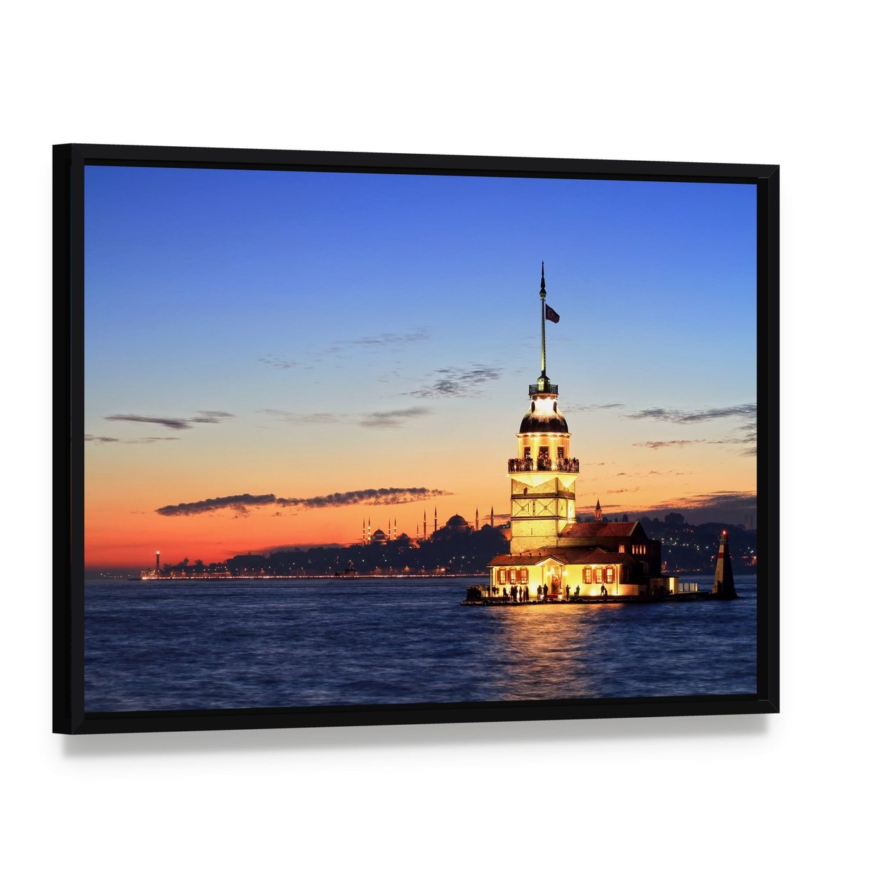 Istanbul Maiden Tower Canvas Wall Art, framed canvas in a black floater frame, angled product view