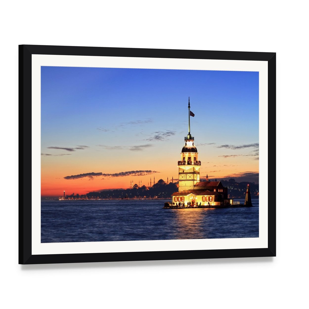 Istanbul Maiden Tower Canvas Wall Art, framed print with white mat and black frame, angled product view
