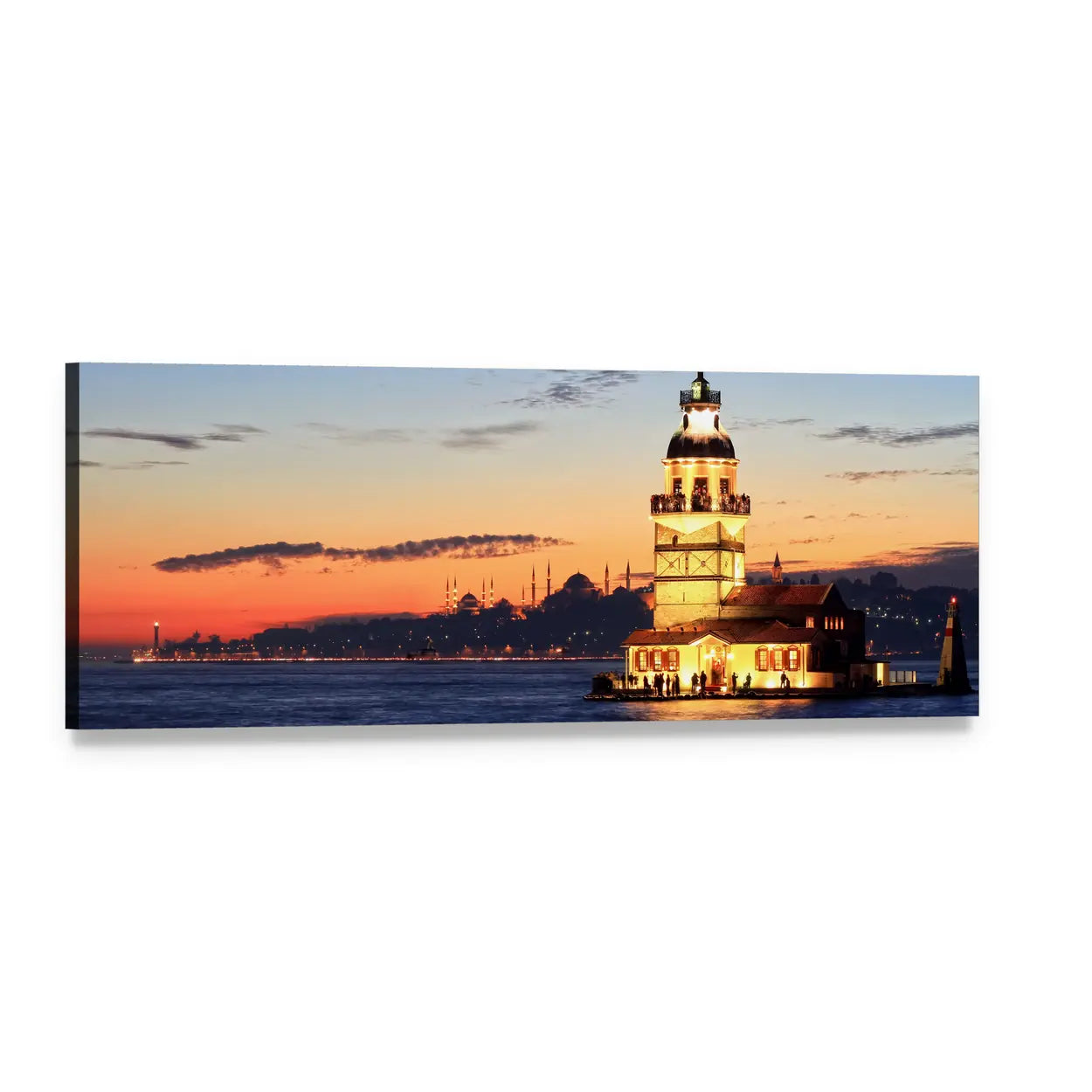 Istanbul Maiden's Tower at Sunset Panoramic Canvas Wall Art, single panel gallery wrapped canvas, angled product view