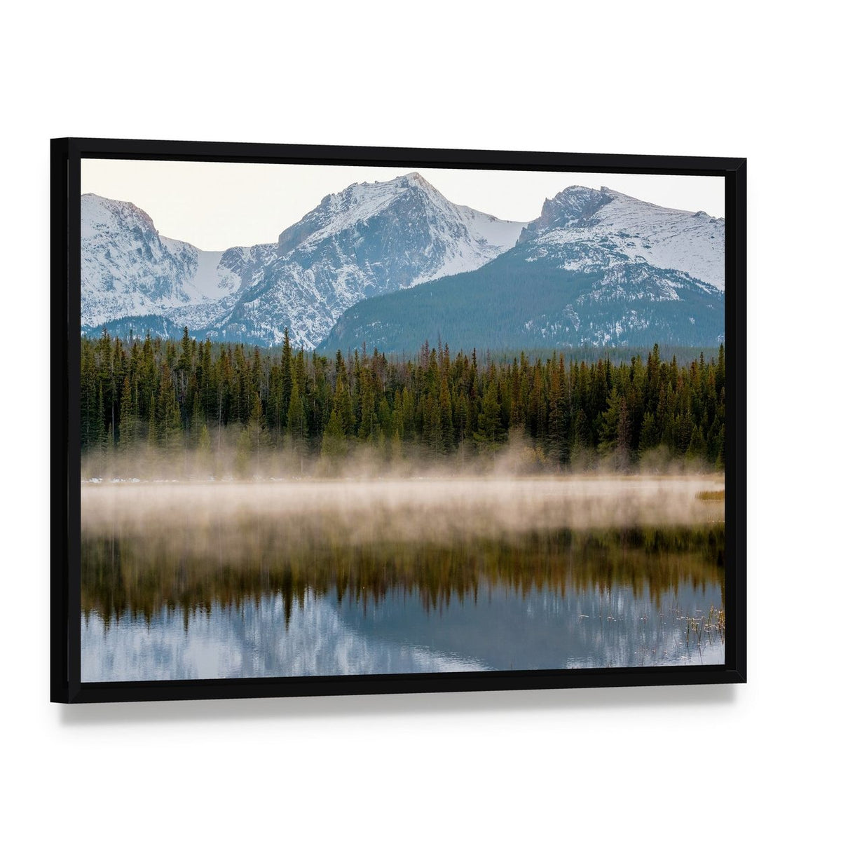 Misty Bierstadt Lake Reflection Canvas Wall Art, framed canvas in a black floater frame, angled product view