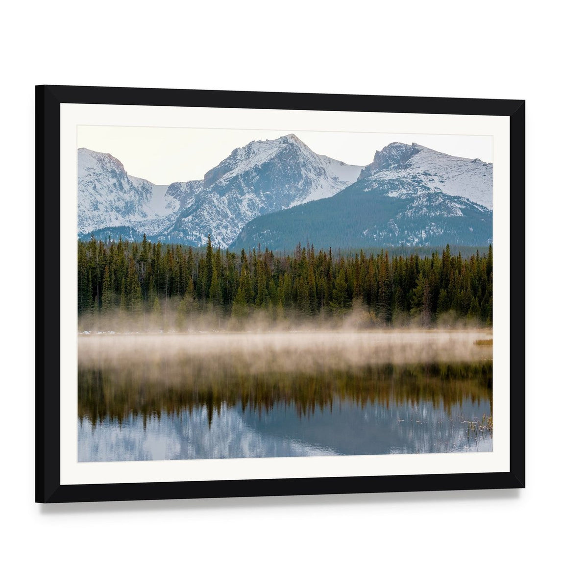 Misty Bierstadt Lake Reflection Canvas Wall Art, framed print with white mat and black frame, angled product view
