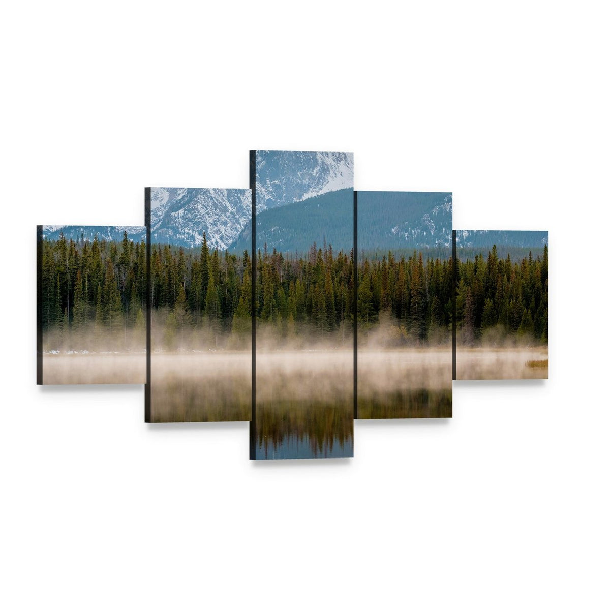 Misty Bierstadt Lake Reflection Canvas Wall Art, 5 panel 5 Star layout gallery wrapped canvas set, angled product view