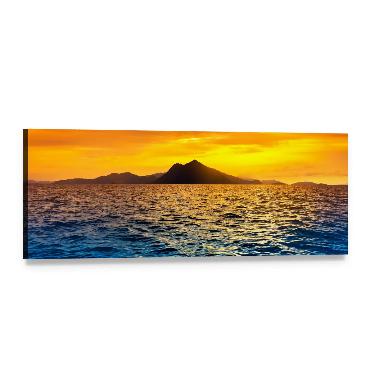 Island Silhouette at Sunset Panoramic Canvas Wall Art, single panel gallery wrapped canvas, angled product view