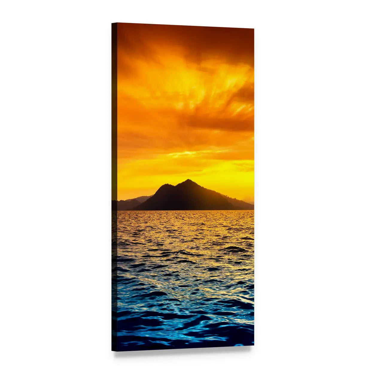 Island Sunset with Mountain Silhouette Vertical Canvas Wall Art, 1 panel 1 Vertical layout gallery wrapped canvas set, angled product view