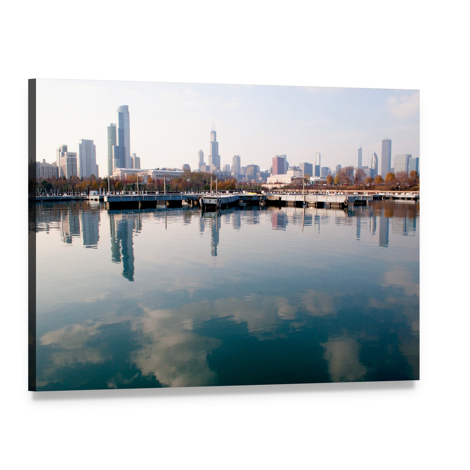 Chicago Skyline with Water Reflection Canvas Wall Art, single panel gallery wrapped canvas, angled product view
