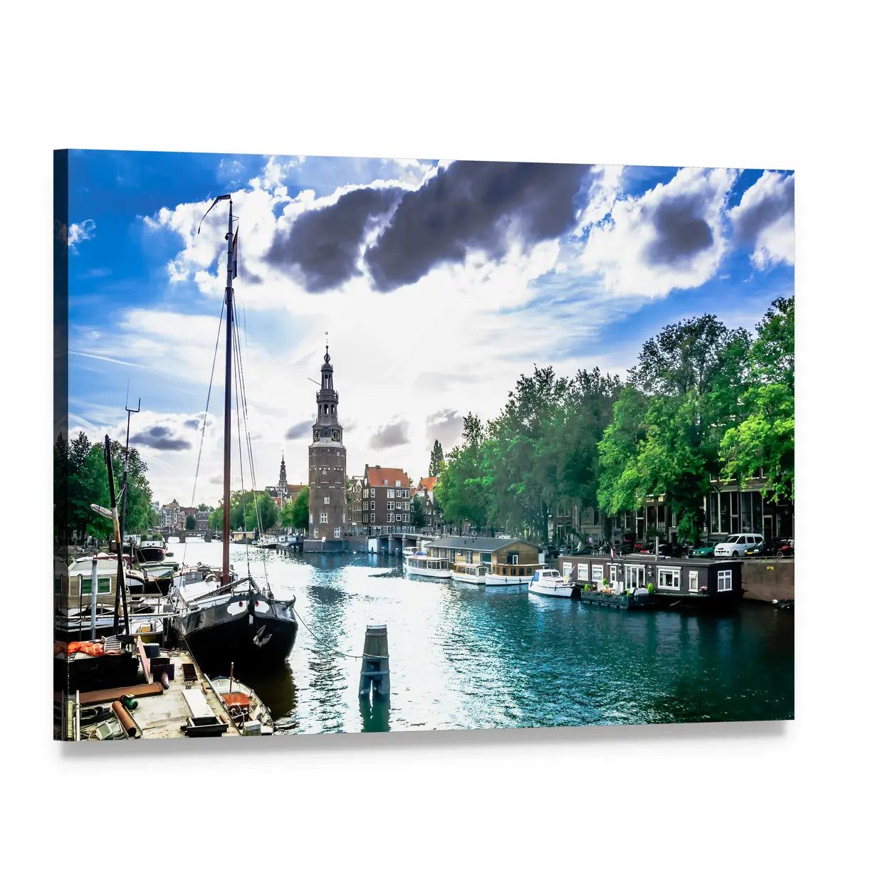 Amsterdam Canal with Traditional Buildings Canvas Wall Art, single panel gallery wrapped canvas, angled product view