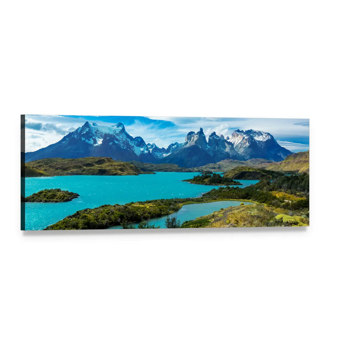 Pehoe Lake in Patagonia Panoramic Canvas Wall Art, single panel gallery wrapped canvas, angled product view