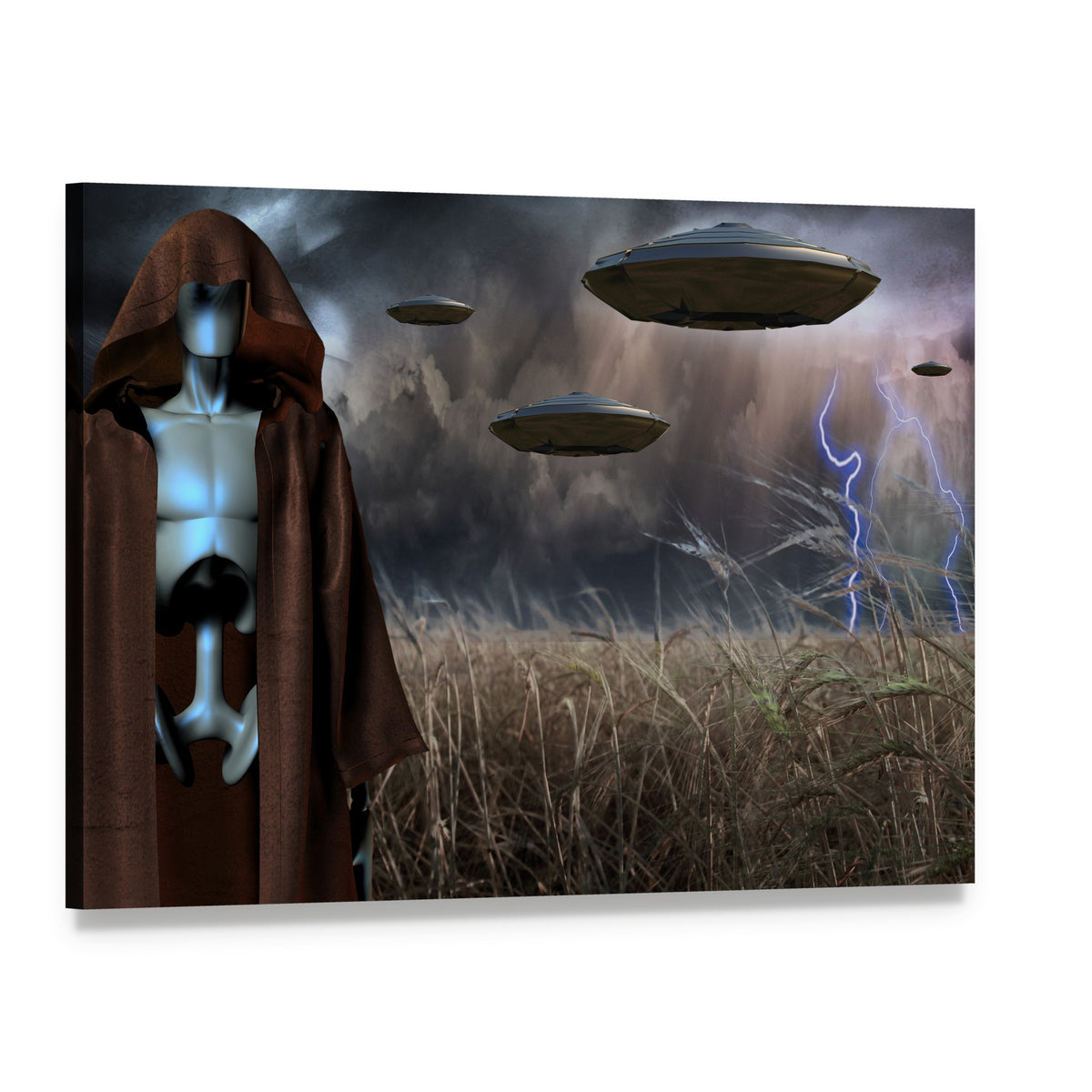 Hooded Alien with Three Saucers in Field Canvas Wall Art, single panel gallery wrapped canvas, angled product view