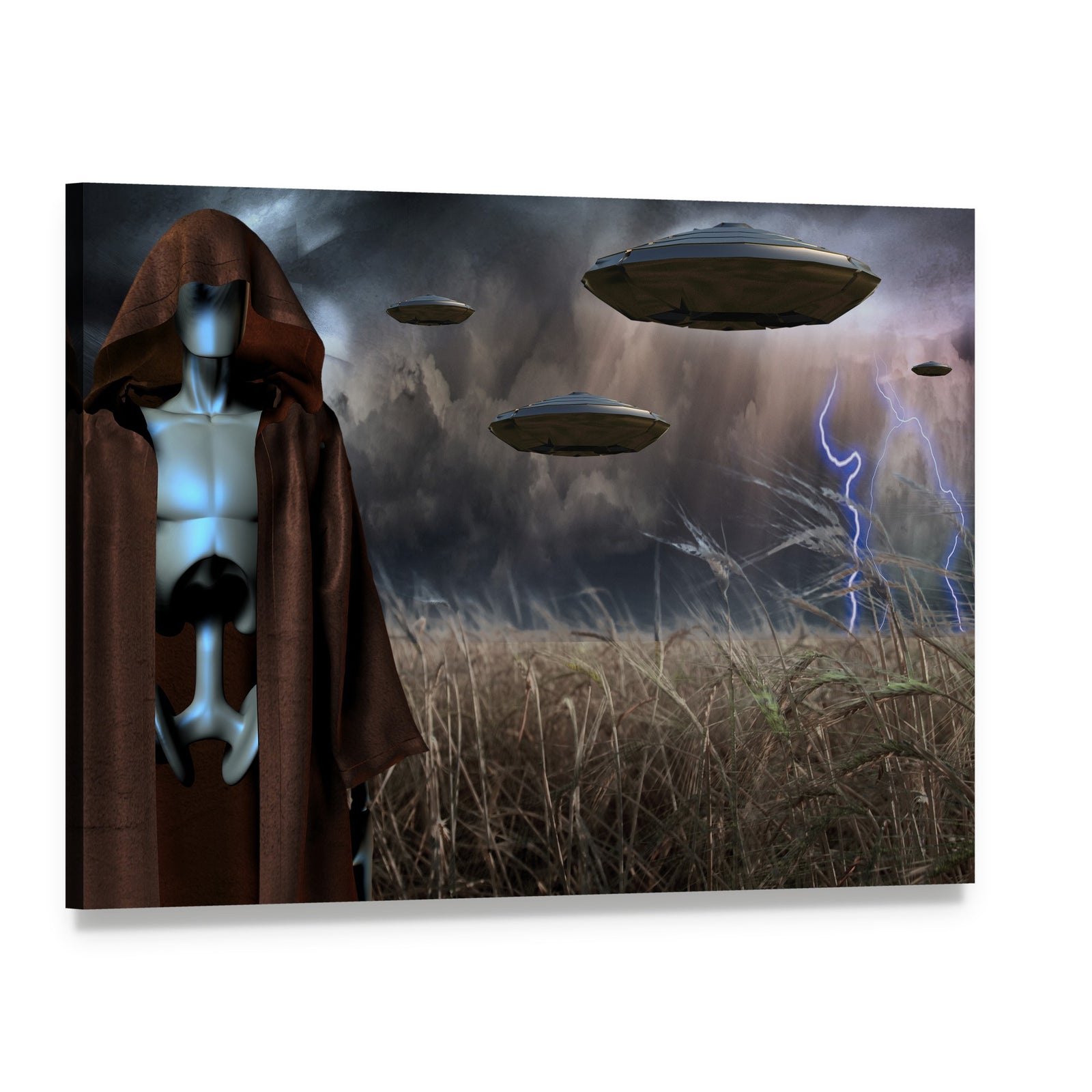 Hooded Alien with Three Saucers in Field Canvas Wall Art, single panel gallery wrapped canvas, angled product view