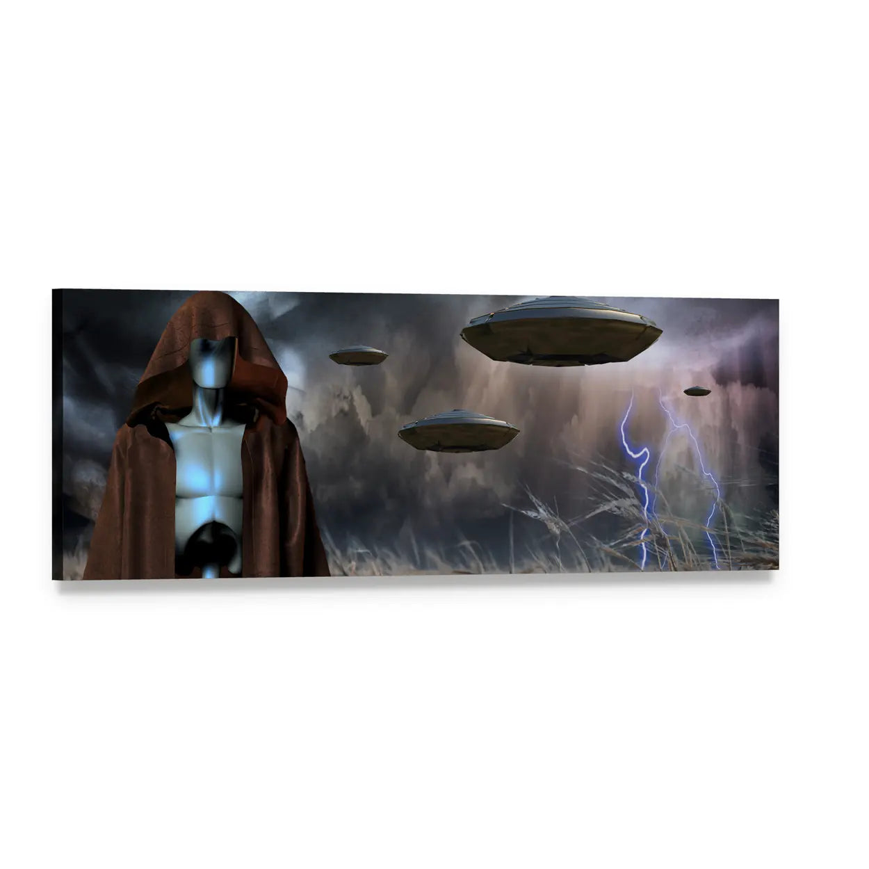 Hooded Robot in Storm with Ufos Panoramic Canvas Wall Art, single panel gallery wrapped canvas, angled product view