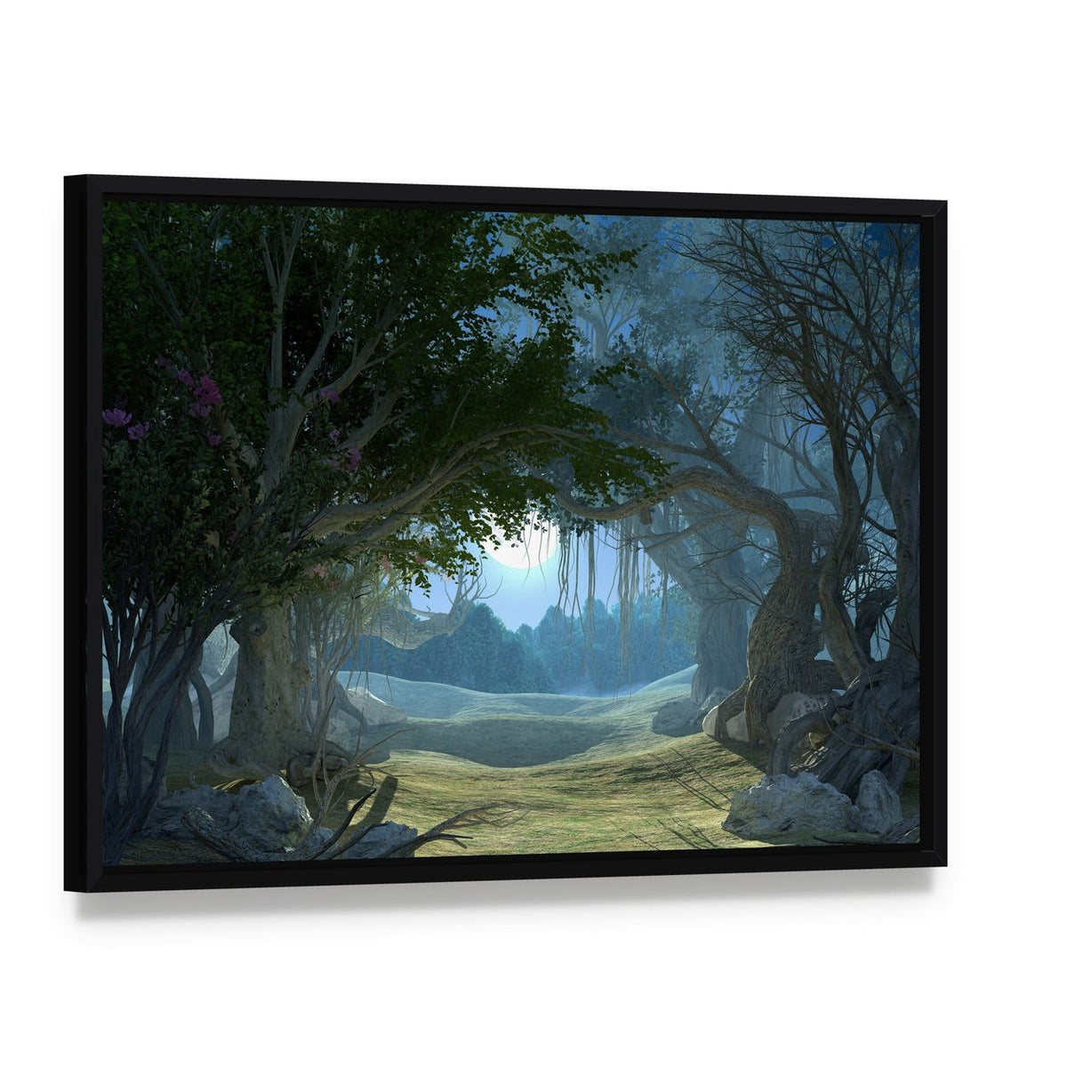 Enchanted Dark Forest Canvas Wall Art, framed canvas in a black floater frame, angled product view