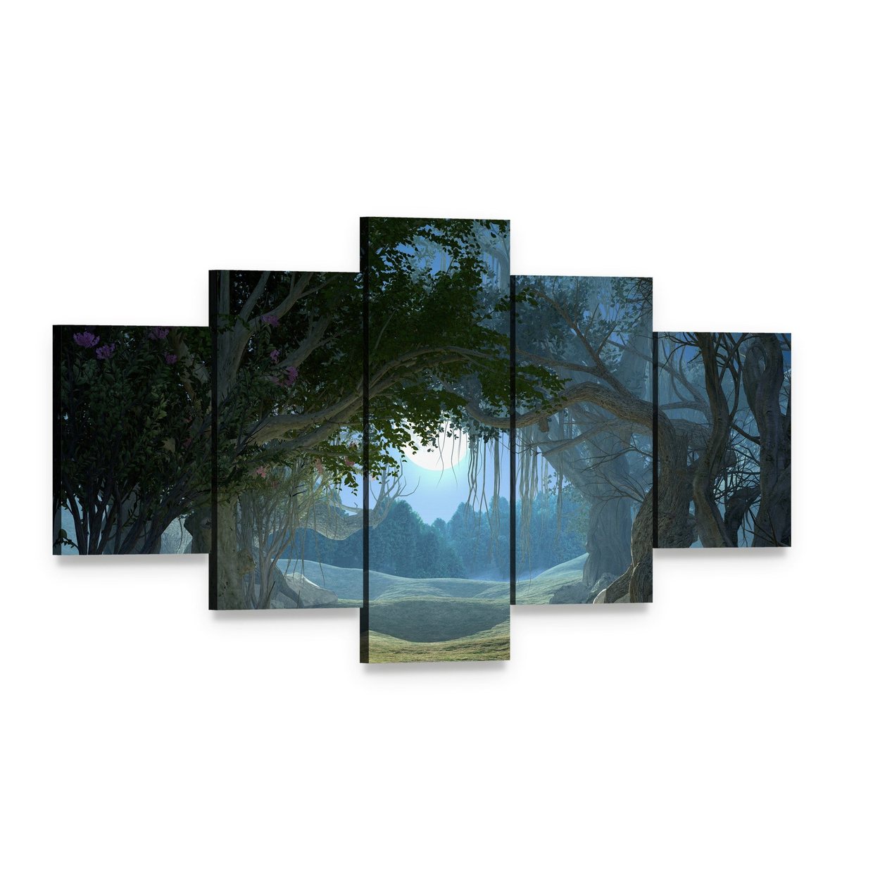 Enchanted Dark Forest Canvas Wall Art, 5 panel 5 Star layout gallery wrapped canvas set, angled product view