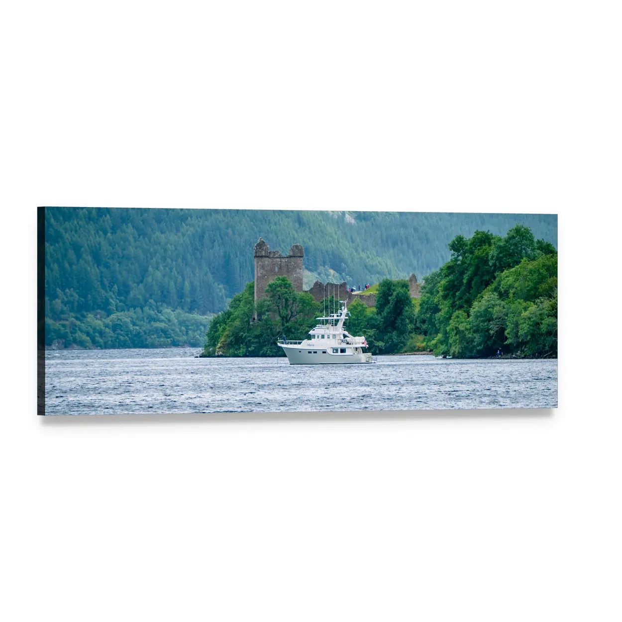 Urquhart Castle on Green Promontory Panoramic Canvas Wall Art, single panel gallery wrapped canvas, angled product view