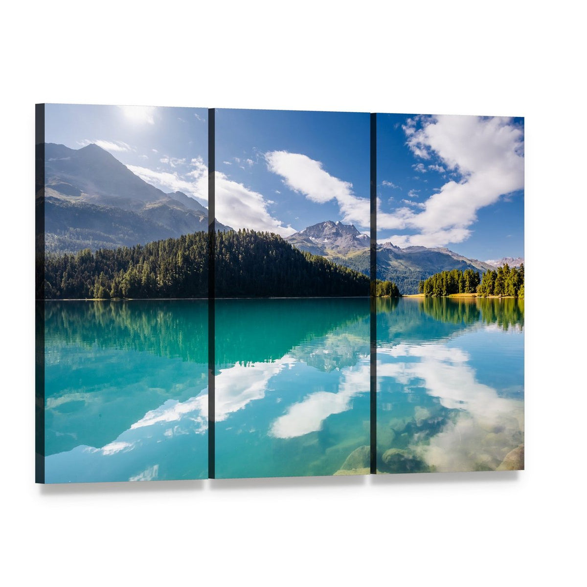 Silvaplana Lake with Mountain Reflections Canvas Wall Art, 3 panel 3 Horizontal layout gallery wrapped canvas set, angled product view