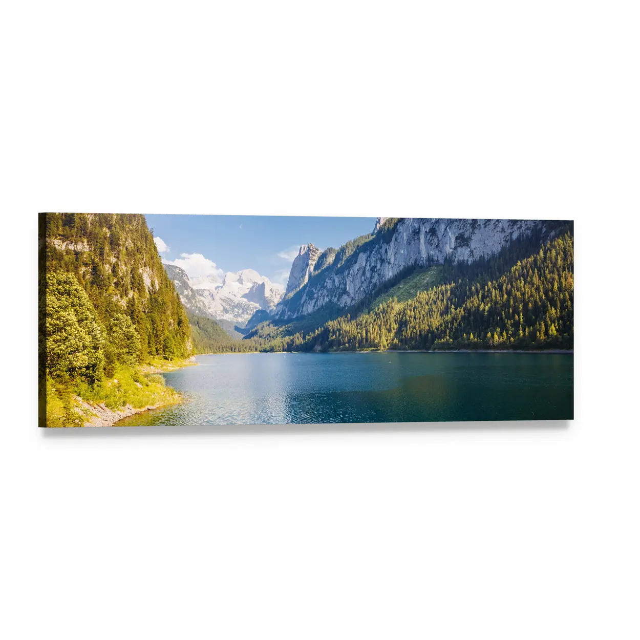 Azure Alpine Lake Panoramic Canvas Wall Art, single panel gallery wrapped canvas, angled product view