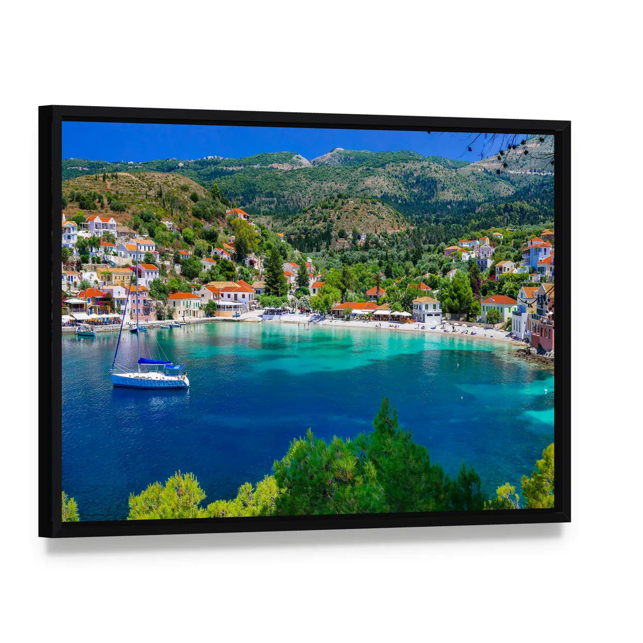 Assos Village, Greece Canvas Wall Art, framed canvas in a black floater frame, angled product view
