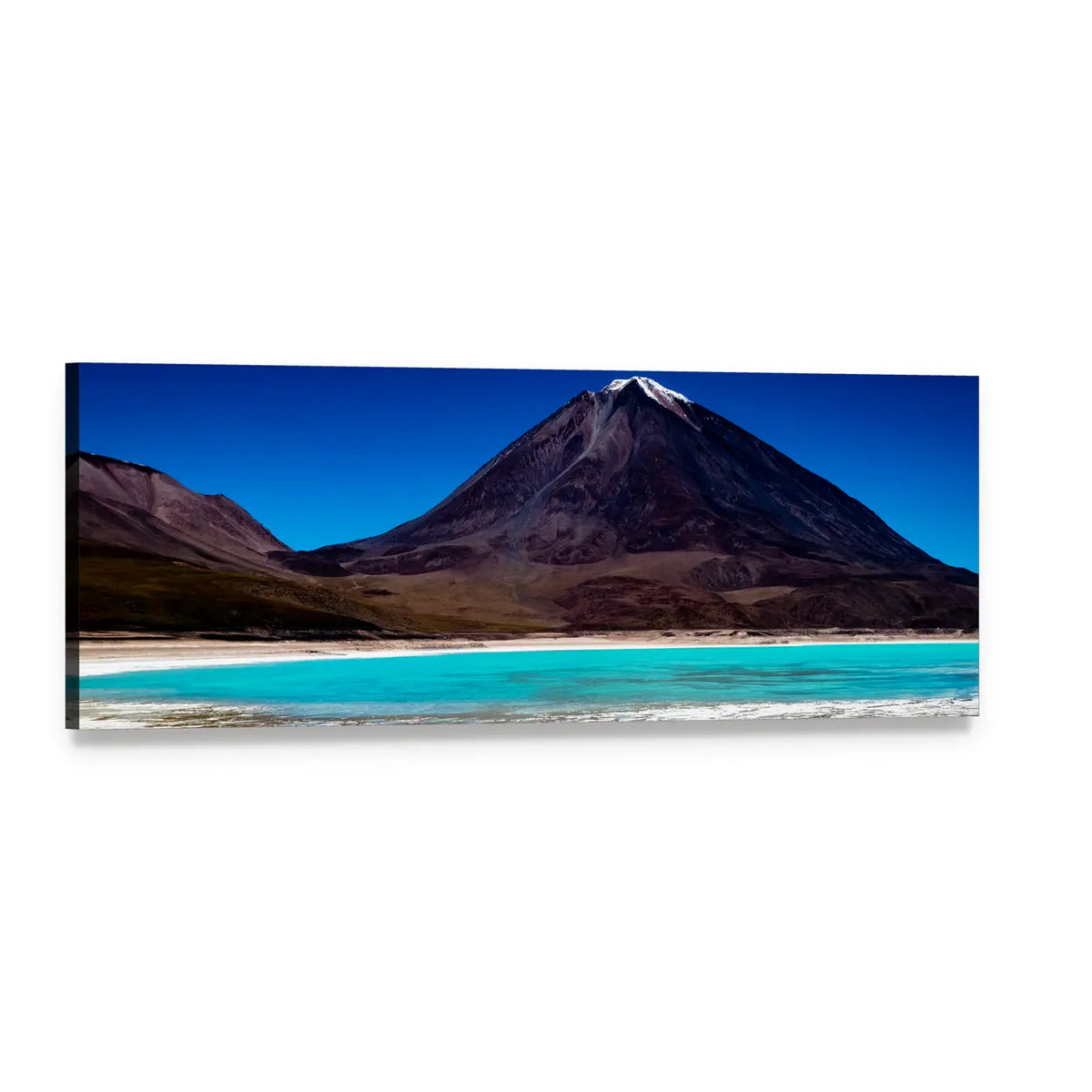 Bolivia Lagoon with Volcano and Teal Lake Panoramic Canvas Wall Art, single panel gallery wrapped canvas, angled product view