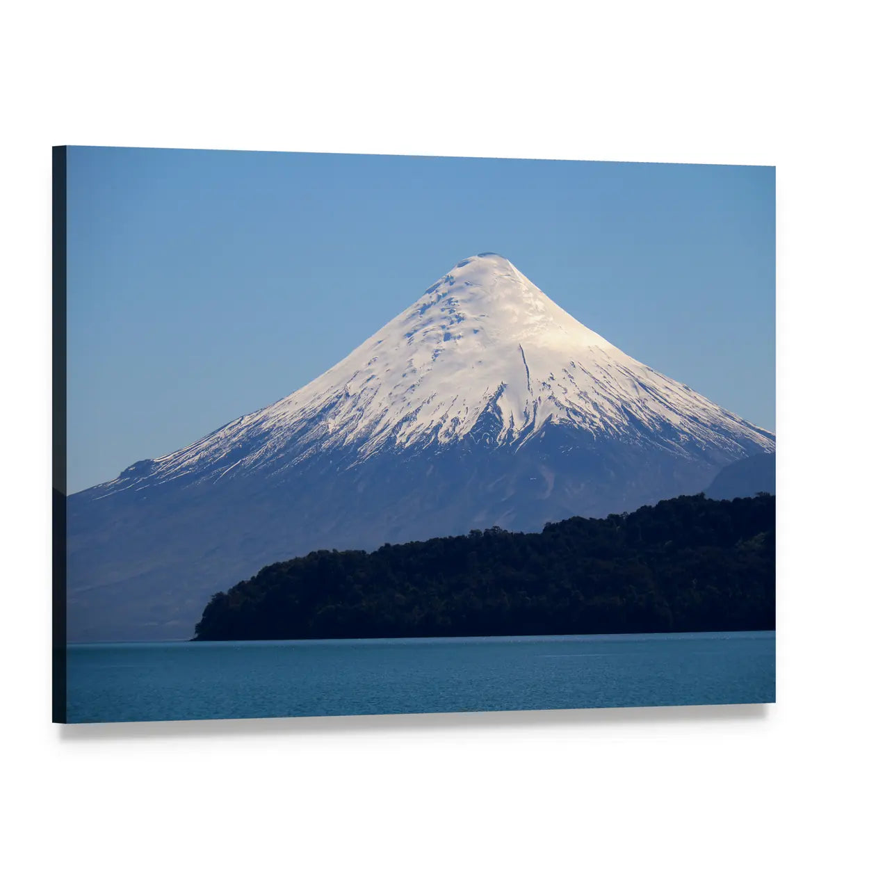 Snow-capped Volcano Over Calm Lake Canvas Wall Art, single panel gallery wrapped canvas, angled product view
