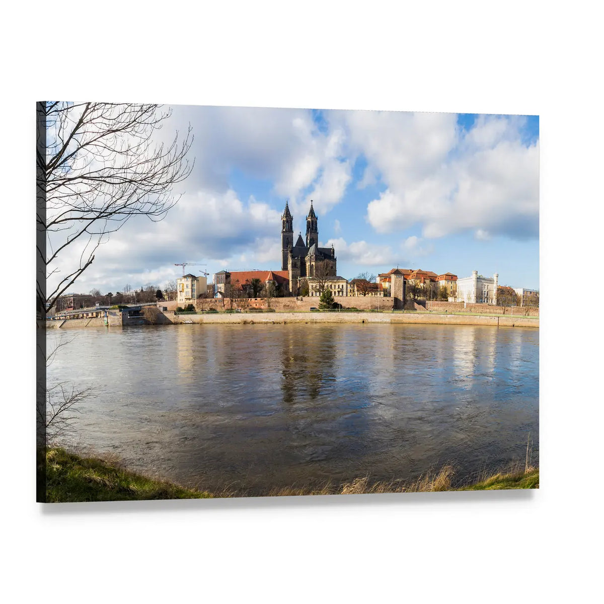 Magdeburg Church with River Reflections Canvas Wall Art, single panel gallery wrapped canvas, angled product view