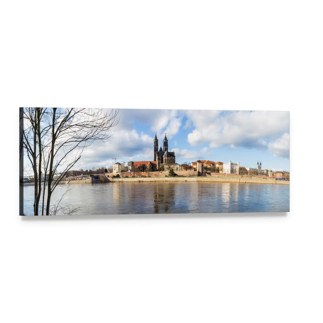 Magdeburg Cathedral with Twin Spires Panoramic Canvas Wall Art, single panel gallery wrapped canvas, angled product view