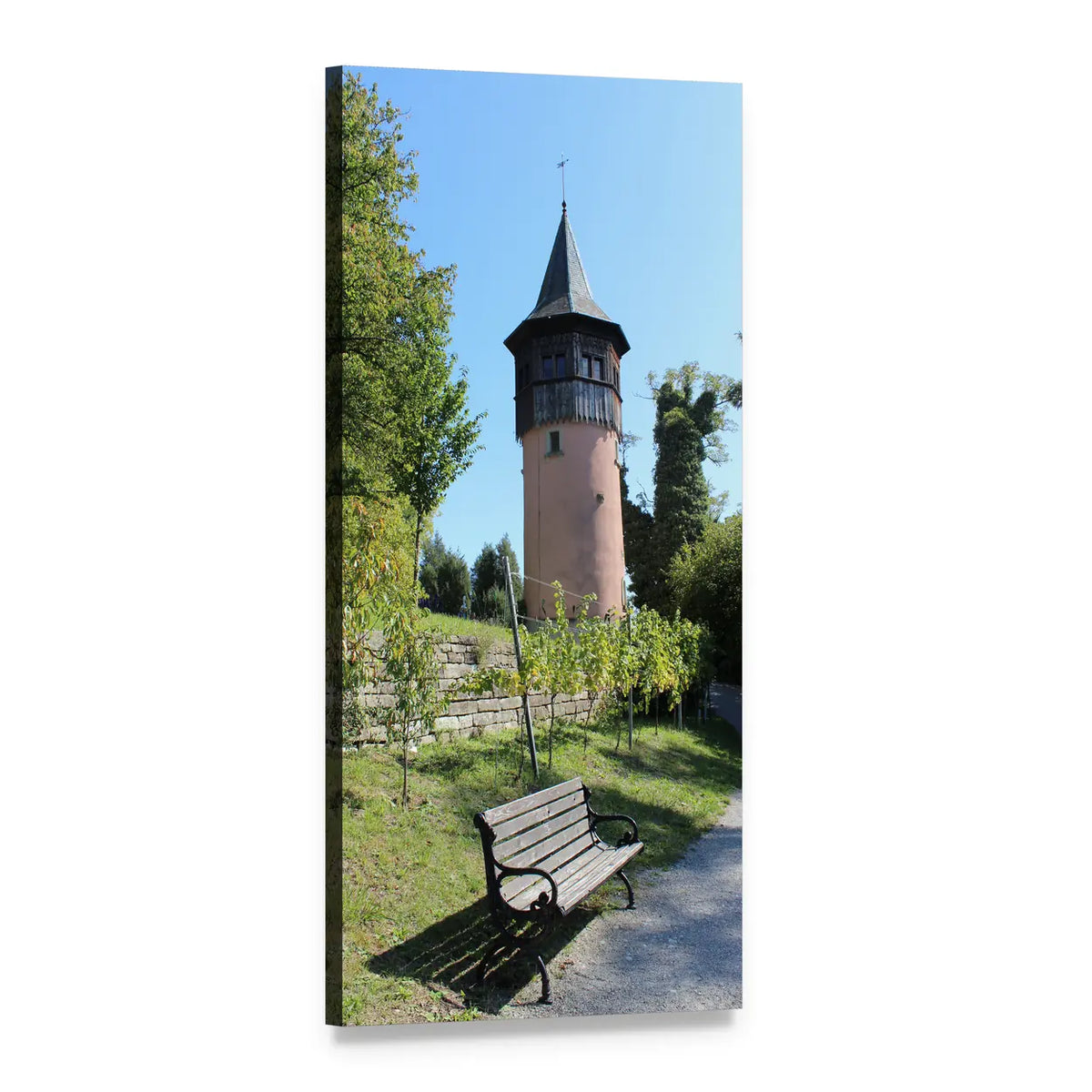 Sweden Tower with Wooden Bench Vertical Canvas Wall Art, 1 panel 1 Vertical layout gallery wrapped canvas set, angled product view