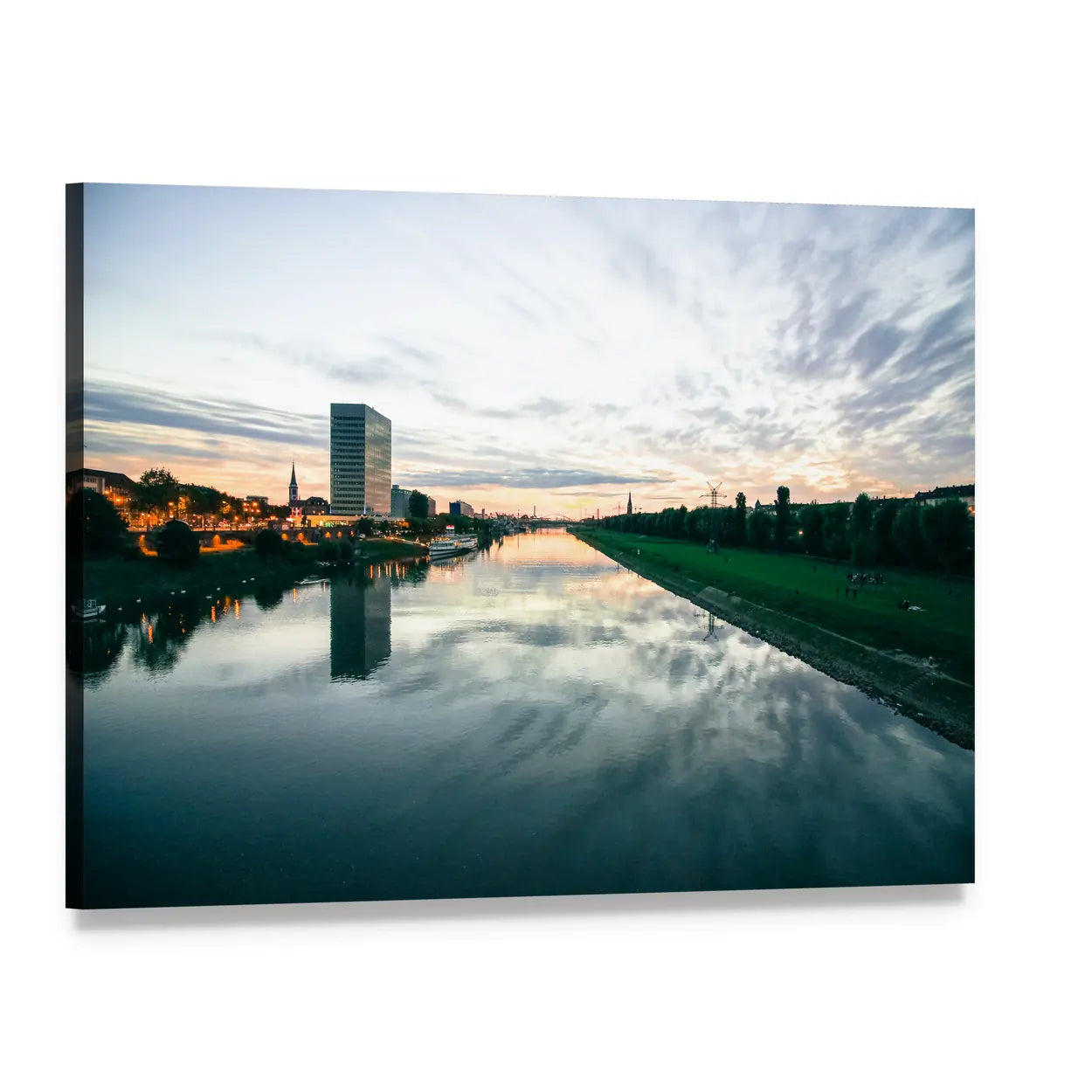Twilight River City Skyline with Reflections Canvas Wall Art, single panel gallery wrapped canvas, angled product view