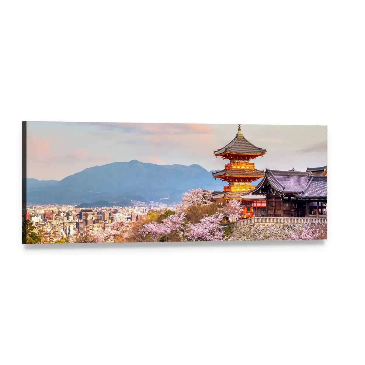 Kiyomizu-dera Temple with Cherry Blossoms Panoramic Canvas Wall Art, single panel gallery wrapped canvas, angled product view