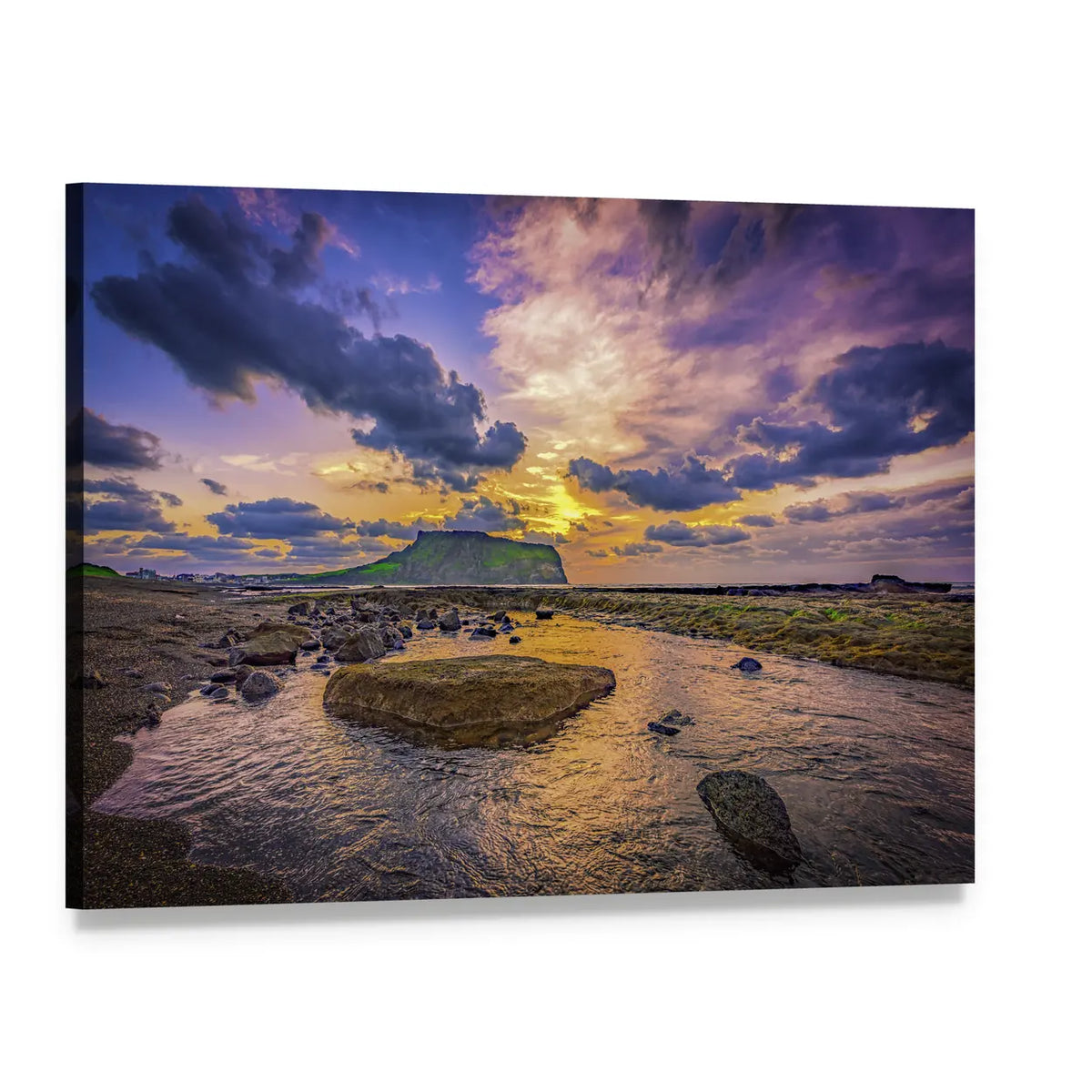 Sunset Over Rocky Shore and Tuff Cone Canvas Wall Art, single panel gallery wrapped canvas, angled product view