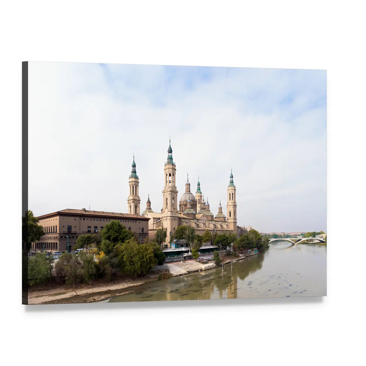Roman Catholic Basilica by the River, Spain Canvas Wall Art, single panel gallery wrapped canvas, angled product view