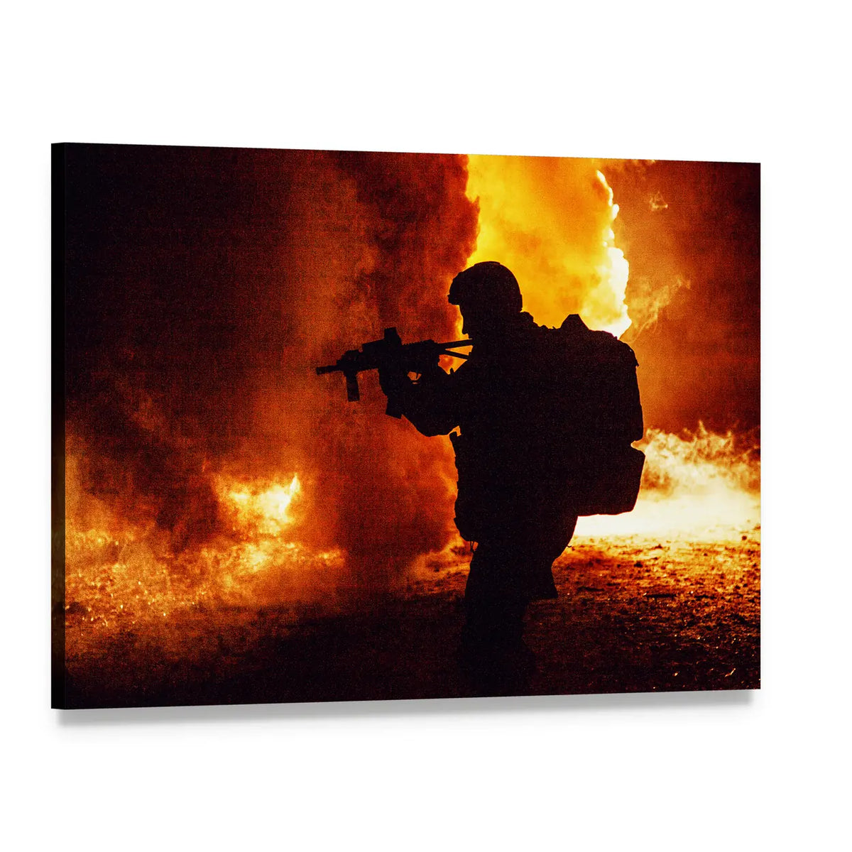 Soldier Silhouette at Explosion Canvas Wall Art, single panel gallery wrapped canvas, angled product view