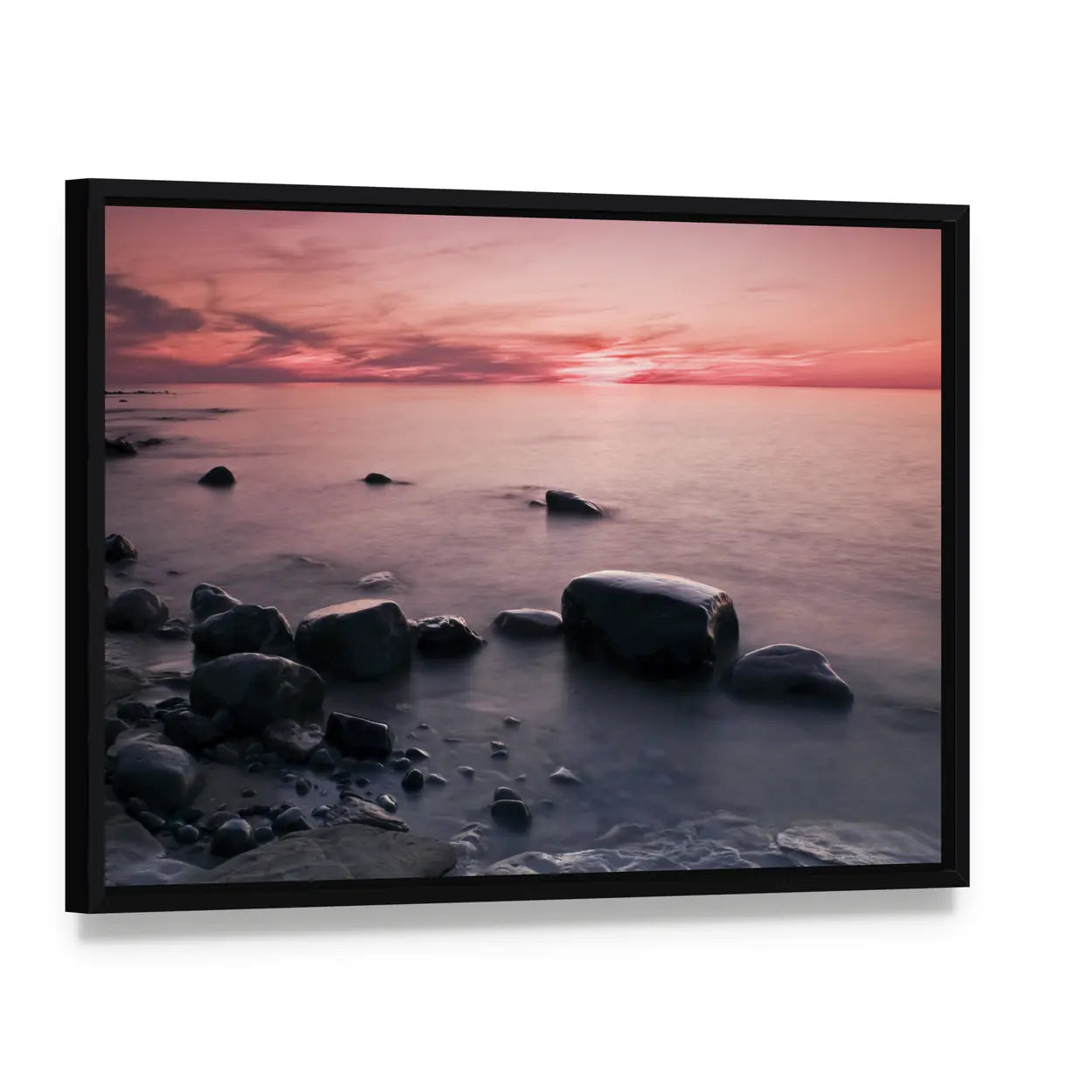 Lakeshore at Sunset in Michigan Canvas Wall Art, framed canvas in a black floater frame, angled product view