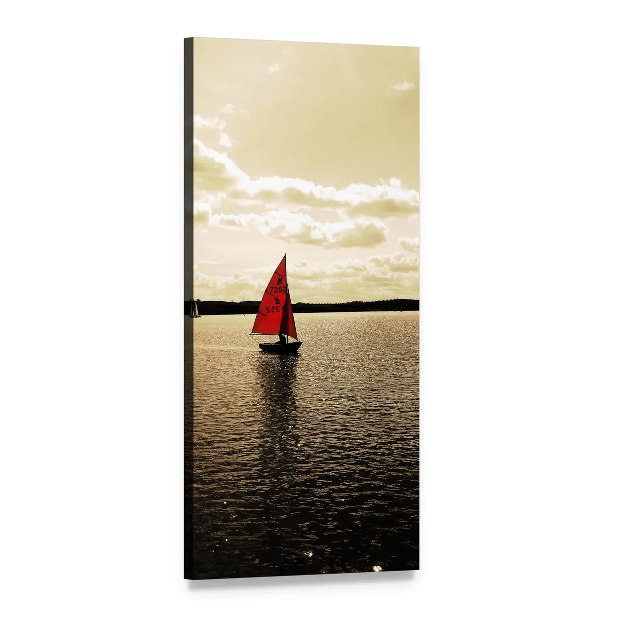 Sailing Boat in Loch Lake Vertical Canvas Wall Art, 1 panel 1 Vertical layout gallery wrapped canvas set, angled product view