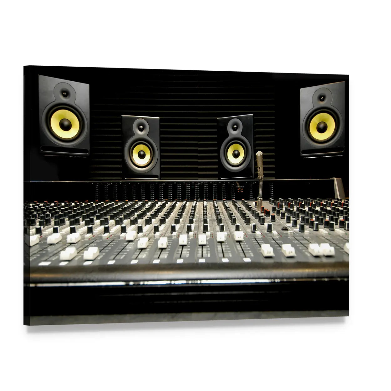 Studio Mixing Desk with Yellow Woofers Canvas Wall Art, single panel gallery wrapped canvas, angled product view